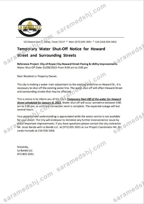 USA Texas La Banda utility water shut off notice, Word and PDF template